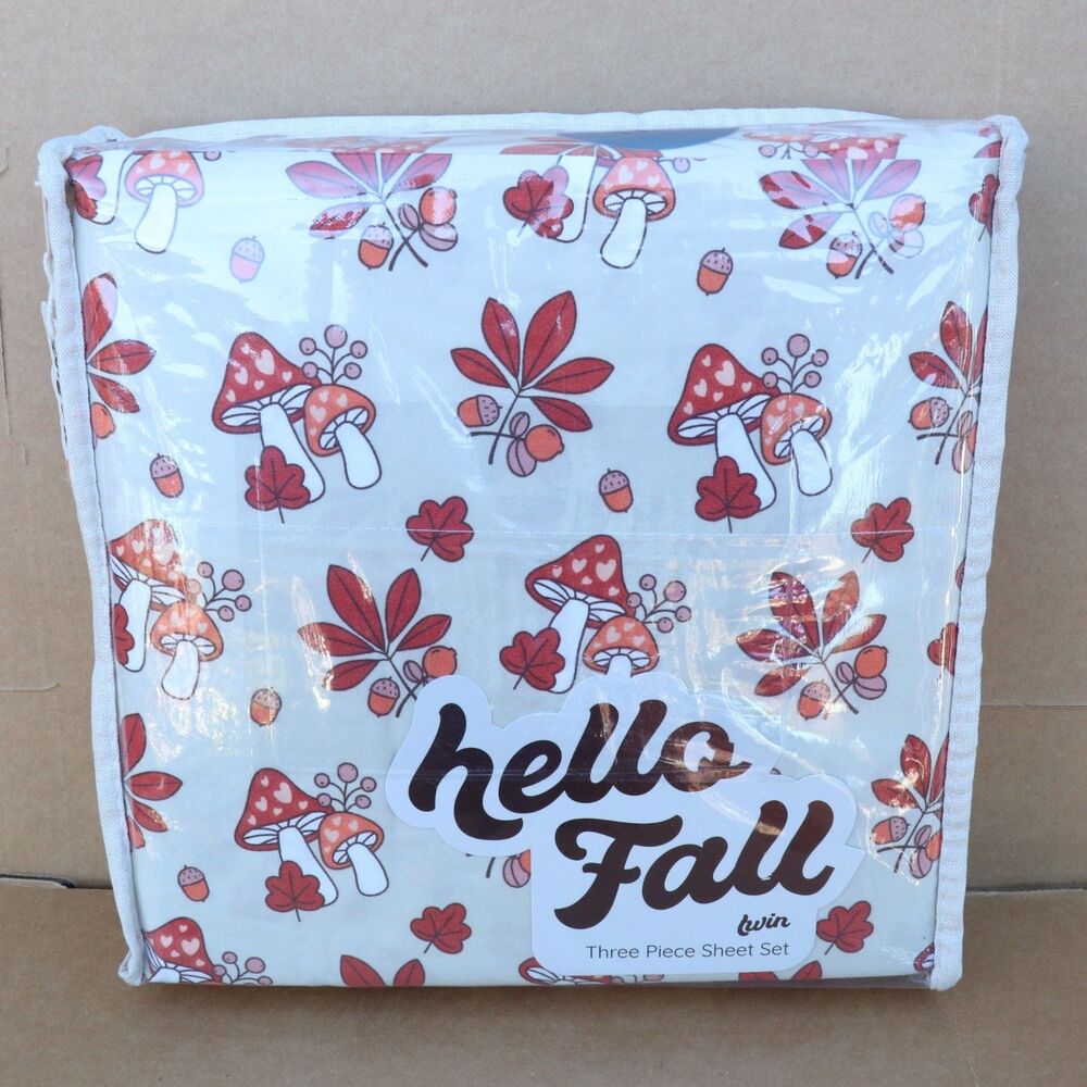 Hello Fall Three Piece Twin Sheet Set Mushrooms